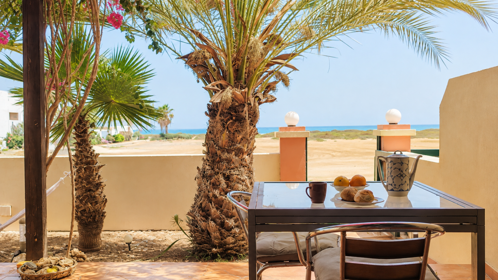 Palmen und Terrasse mit Blick in Richtung Meer